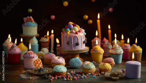 Multi colored cupcake with gourmet chocolate icing and burning candle flame generated by AI © djvstock