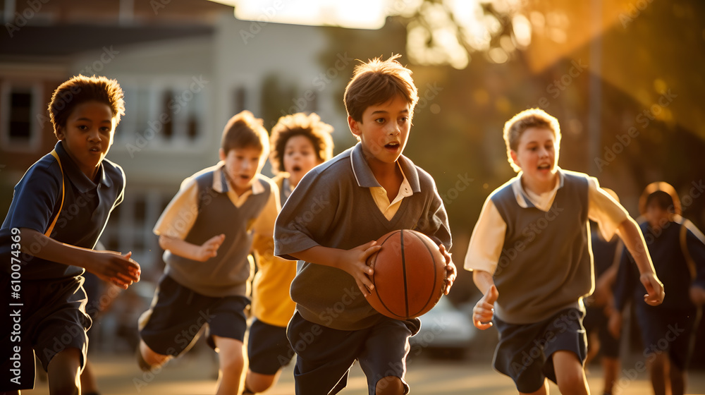 Fototapeta premium A group of kids playing basketball outside.Created with Generative AI technology.