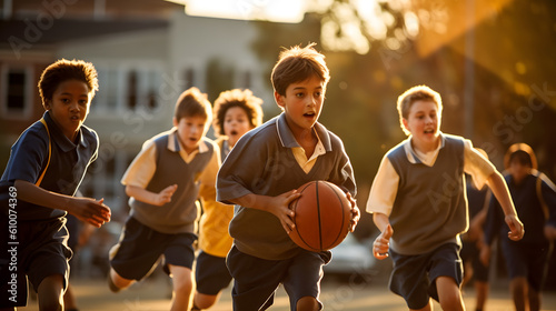 A group of kids playing basketball outside.Created with Generative AI technology.