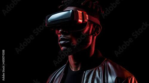 Stylish African-American man wearing VR gear. Created with Generative AI technology.