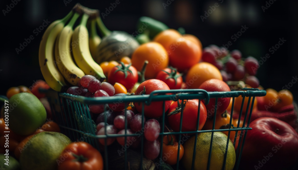Abundant basket of fresh, organic fruits and vegetables for healthy eating generated by AI