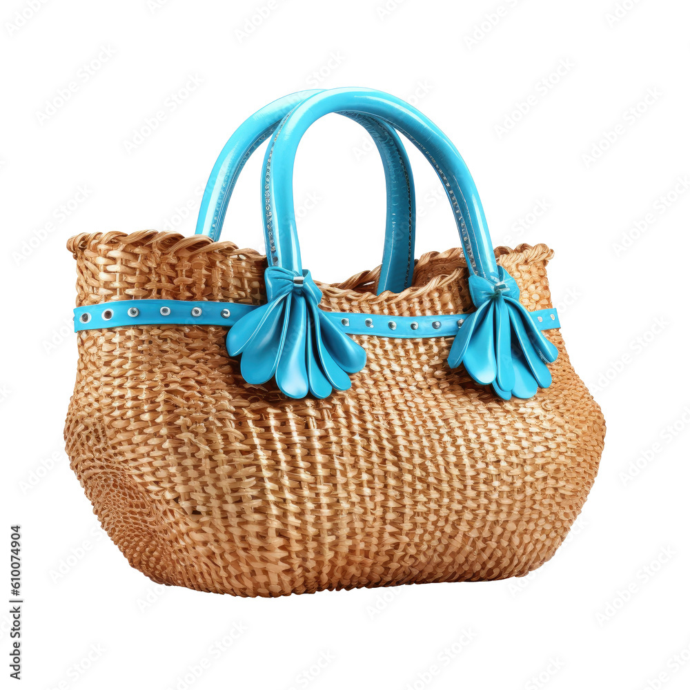 Beautiful isolated wicker beach bag with blue handles on a cutout PNG transparent background. Generative AI