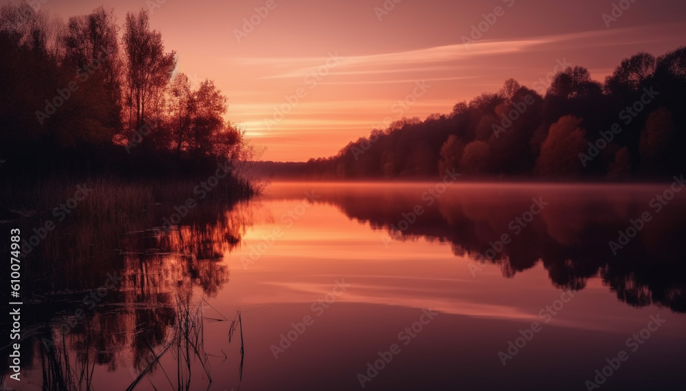 Vibrant sunset reflects tranquil beauty in nature over rural landscape generated by AI