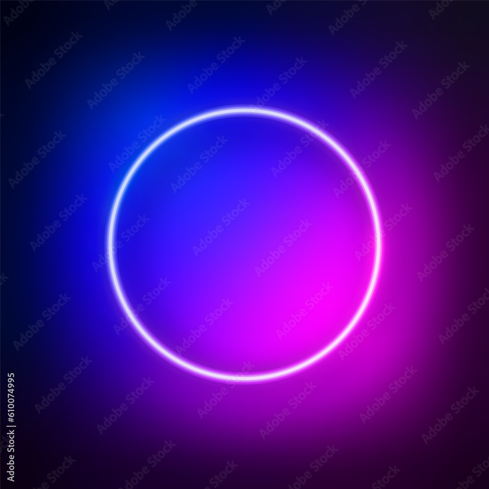 Bright futuristic blue and pink background with neon circle shape. Abstract vector illustration.