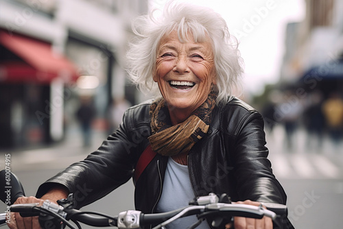 Cheerful senior woman in leather jacket and scarf riding a bike on the street. Generative AI