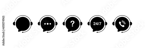 Customer support service. Online support service with headphones. Headphones with microphone and chat speech bubble. Hotline support service. Call center symbols. Vector illustration