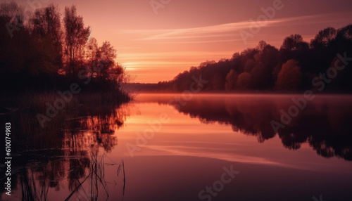 Vibrant sunset reflects tranquil beauty in nature over rural landscape generated by AI