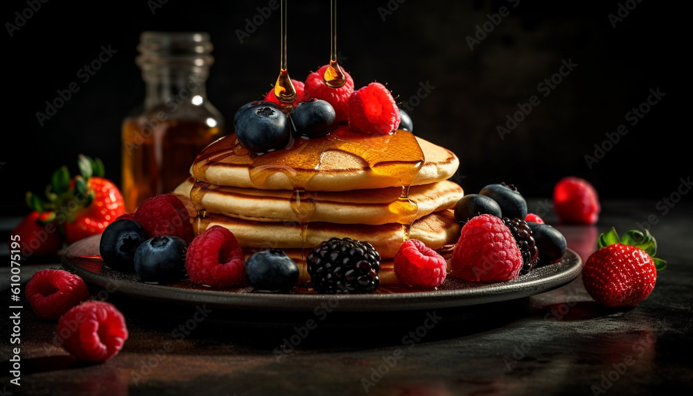 Rustic gourmet pancake stack with fresh berry syrup and yogurt generated by AI Rustic gourmet pancake stack with fresh berry syrup and yogurt generated by AI