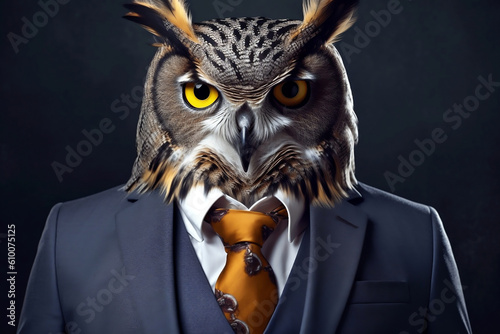 Portrait of a Owl dressed in a formal business suit, generative AI