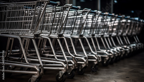 Large metal shopping cart in empty supermarket aisle with luggage cart generated by AI
