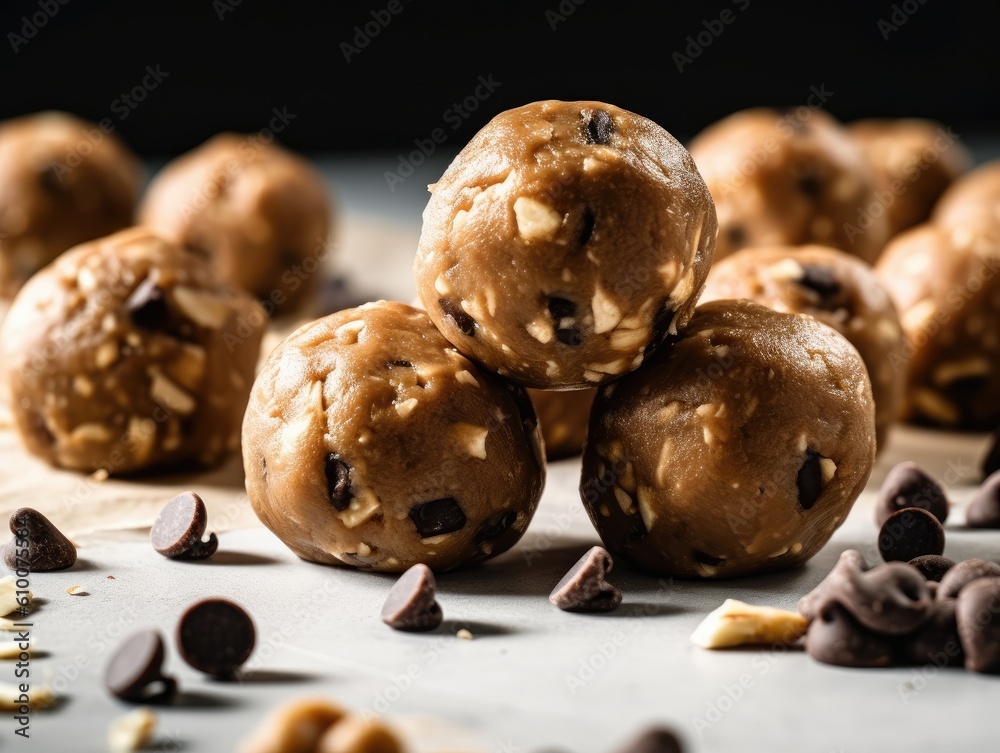 Pile of peanut butter and chocolate energy balls. Generative AI Stock