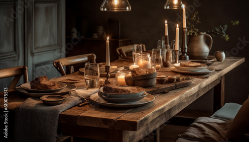 Rustic table decoration with homemade gourmet dessert and candlelight ambiance generated by AI