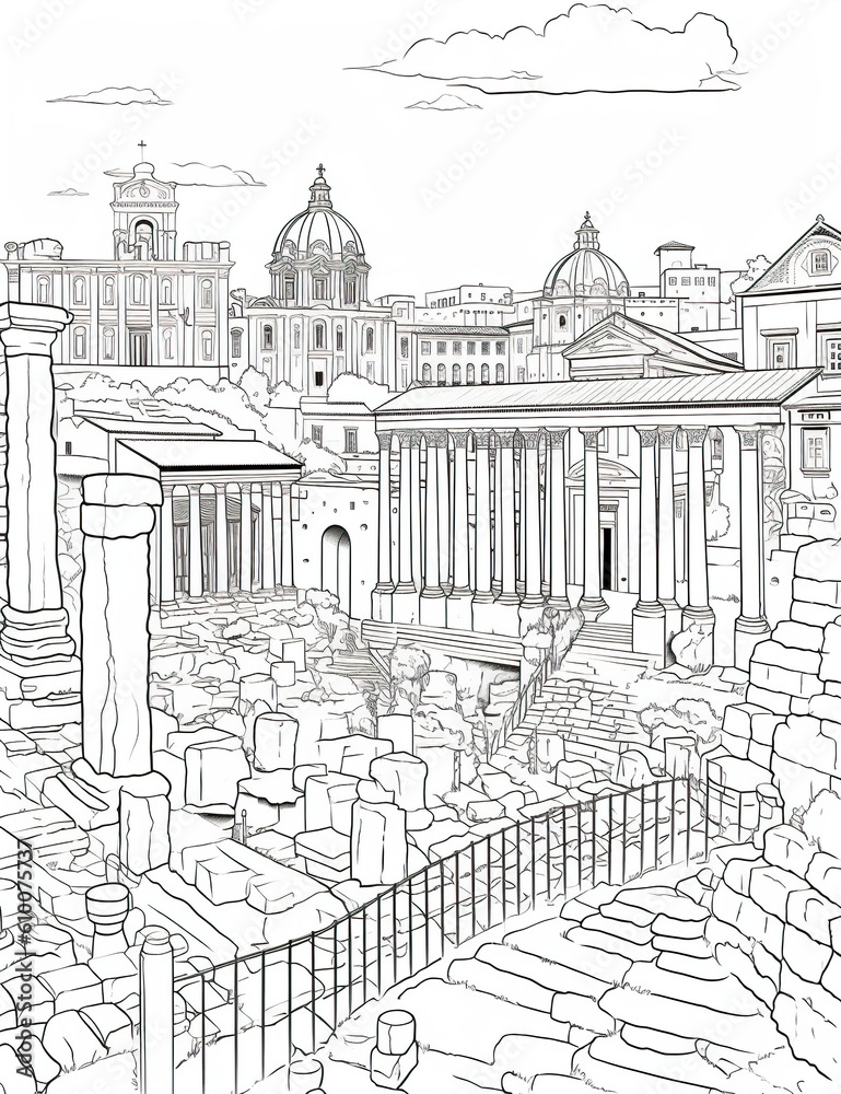 A black and white drawing of a roman city. Generative AI.