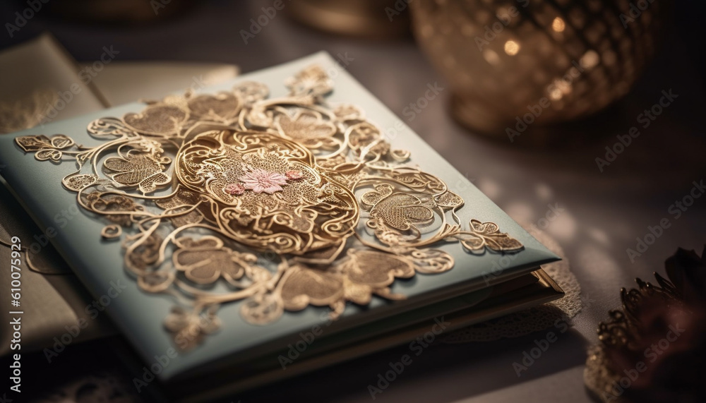 Antique book cover on old fashioned desk, ornate decoration, rustic elegance generated by AI Antique book cover on old fashioned desk, ornate decoration, rustic elegance generated by AI
