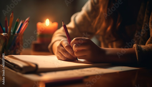 One person sitting at desk, working on paper with pencil generated by AI