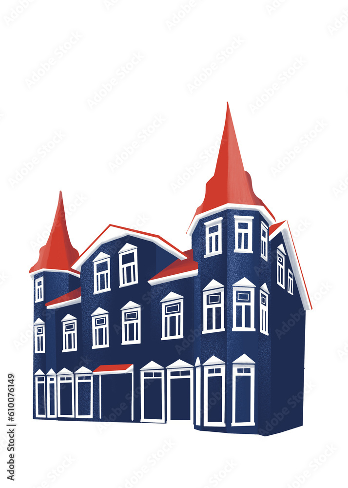 Villige cottage cartoon building illustration | granatowa willa domek budynek 