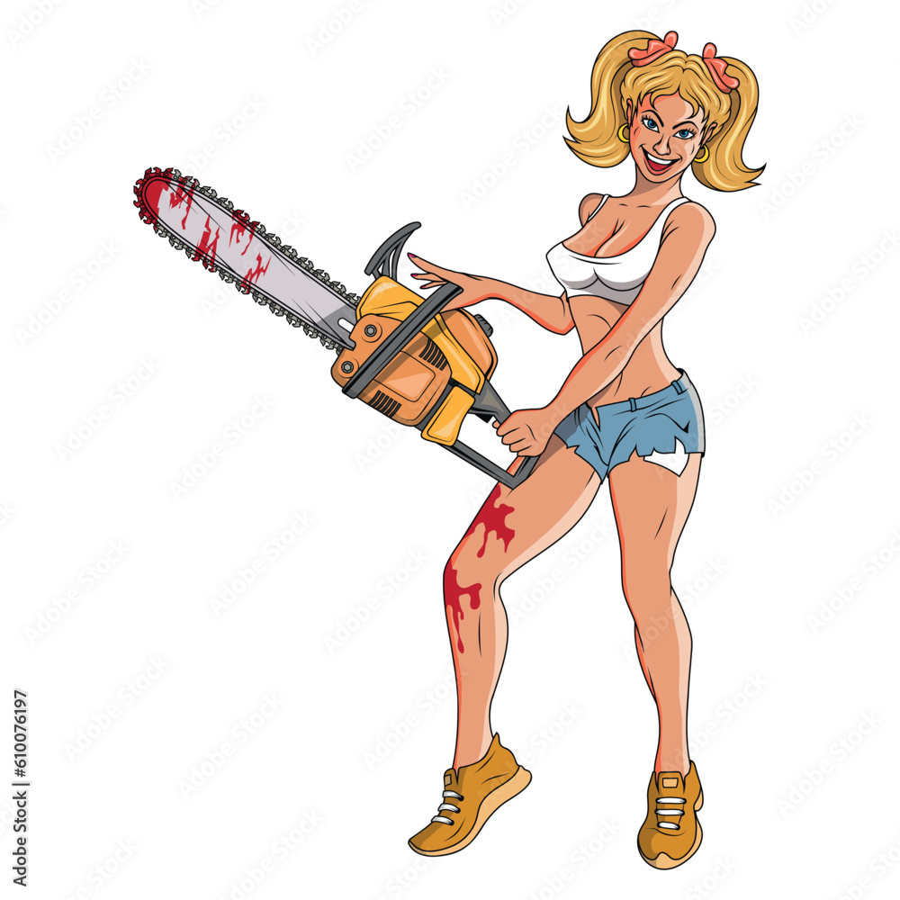 Girl with a chainsaw. Vector illustration of a beautiful professional young blonde female lumberjack with chainsaw Girl with a chainsaw. Vector illustration of a beautiful professional young blonde female lumberjack with chainsaw