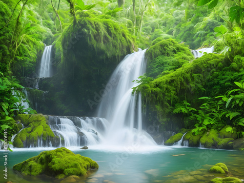Nature s Tranquil Beauty  Majestic Waterfall Enveloped by Lush Forest Serenity