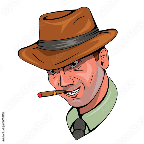 Gangster. Vector illustration of a man with hat and cigar chicago gangster mafia. Brutal malware