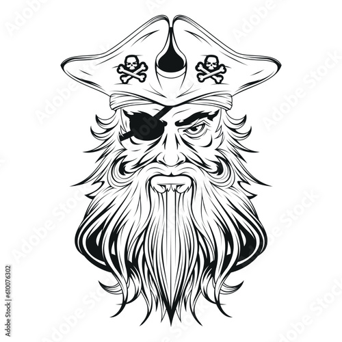 Pirate. Vector illustration of a sketch angry captain in hat and eye patch