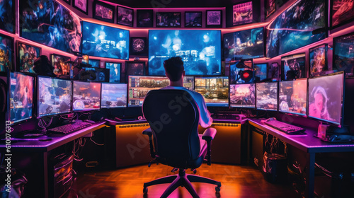 Gamerroom with a lot of monitors over all - ai generative photo
