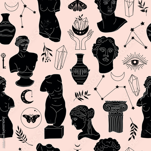 Seamless pattern Greek ancient sculpture mystic. Hand drawn illustrations of antique classic statues in trendy bohemian style. Boho tattoo art. Heads, branch, vase, column, hands, body, stars.