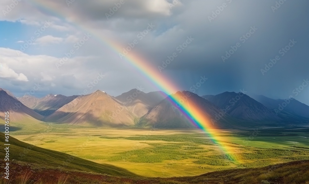  a rainbow appears over a mountain range in the distance, with a rainbow in the foreground and a rainbow in the sky in the background.  generative ai