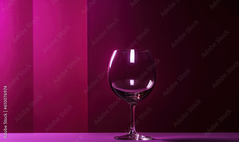  a glass of wine sitting on a table in front of a pink wall and a purple wall in the background with a red light behind it.  generative ai