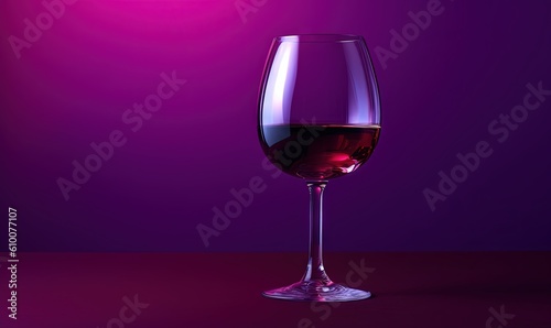  a glass of red wine on a purple table with a light shining on it and a purple background with a red spot in the middle of the glass. generative ai