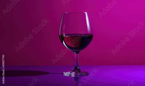  a glass of wine sitting on a purple surface with a pink background and a shadow of a wine glass on the floor in front of the glass.  generative ai