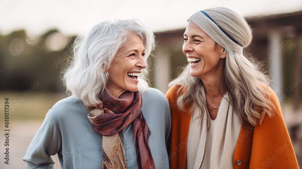 Fototapeta premium Cheerful senior women laughing and looking at each other while walking outdoors. Generative AI