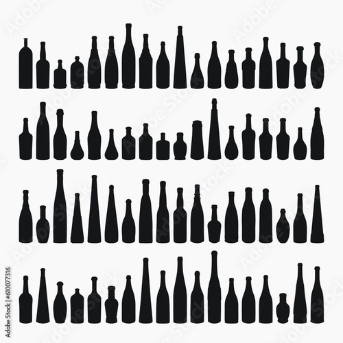 Shape of silhouettes of glass bottles for alcohol, wine, whiskey, vodka, brandy, cognac, beer, kvass, champagne, liqueur