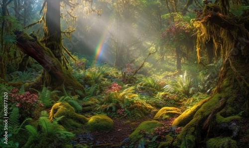  a rainbow shines through the trees in a forest filled with ferns and mossy plants  with a trail running through the center of the forest.  generative ai