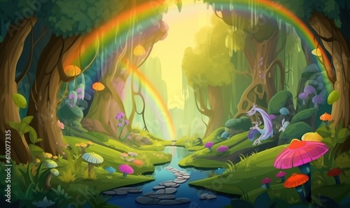  a cartoon scene of a rainbow in a forest with a stream and a rainbow in the sky with a rainbow coming out of the trees.  generative ai