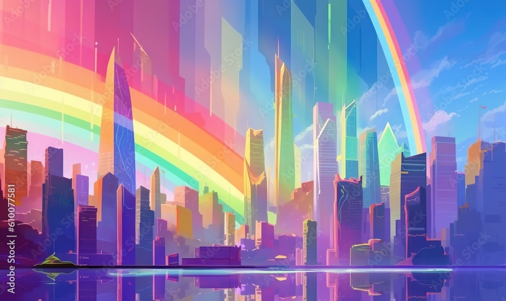  a painting of a city with a rainbow in the sky and a boat in the water in front of it and a rainbow in the sky.  generative ai