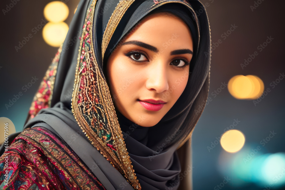 Digital portrait of the wonderful Arab woman in traditional clothes takes a selfie against the Dubai city at night. Generative AI Digital portrait of the wonderful Arab woman in traditional clothes takes a selfie against the Dubai city at night. Generative AI