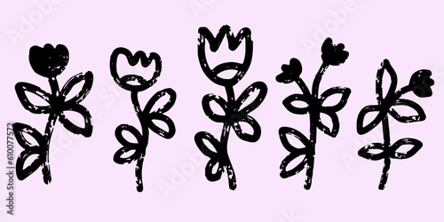 Set vector. Collection of flowers, tulips, grunge shabby elements texture. Black set of doodle illustrations. Elements for design