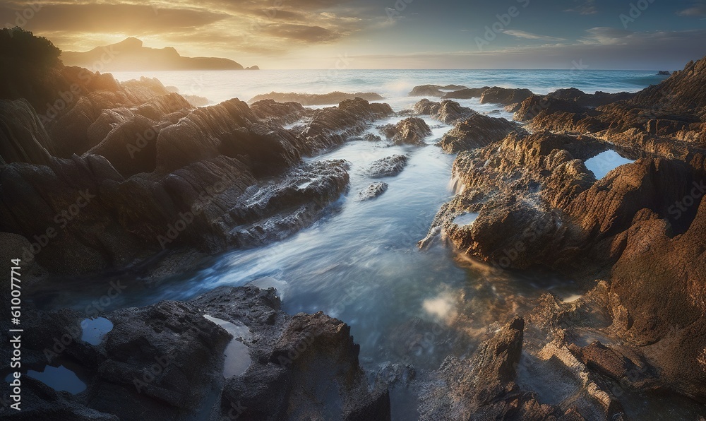  the sun is setting over the rocky shore of the ocean with waves crashing on the rocks and the water flowing in the foreground,.  generative ai