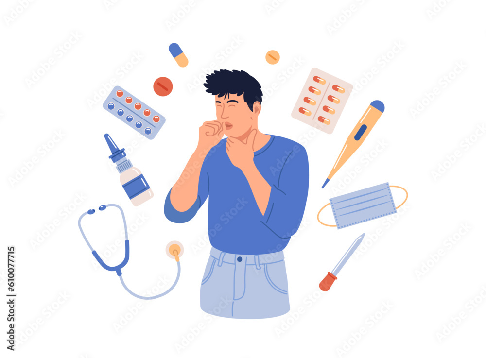 Man suffering from flu. He has fever, cough and sneezing. Flu or cold, allergy symptom. Influenza, illness treatment. Person with influenza, runny nose, headache, fever, sore throat. Pharmacy therapy Man suffering from flu. He has fever, cough and sneezing. Flu or cold, allergy symptom. Influenza, illness treatment. Person with influenza, runny nose, headache, fever, sore throat. Pharmacy therapy