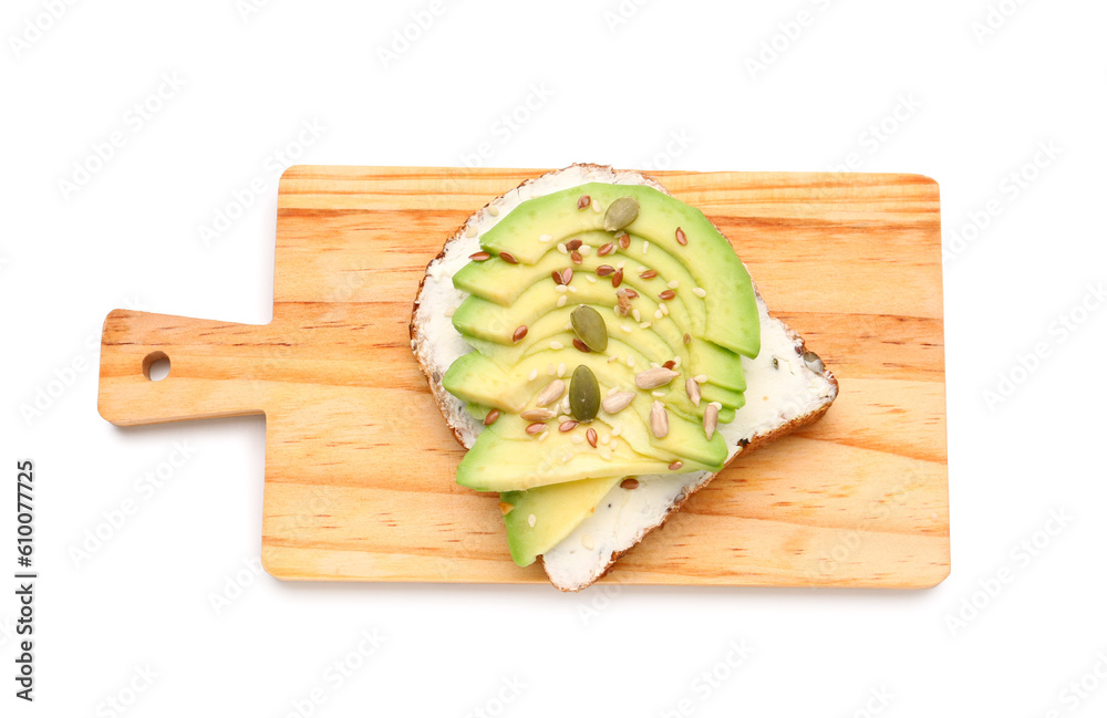 Wooden board of tasty avocado toast on white background
