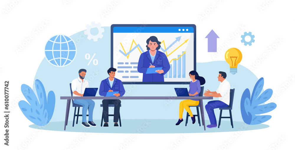 Coach speaking before business people online. Mentor presenting charts and reports. Webinar, video conference. Employees meeting at business training, seminar, courses. Internet presentation, lecture