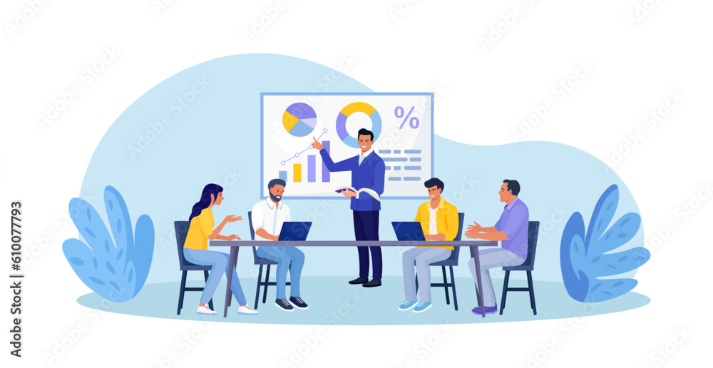 Business Training, Coaching and Education. Mentor Presenting Charts, Diagrams and Reports before Audience. Coach Speaking before Business People at Conference, Lecture. Employees Meeting at Seminar