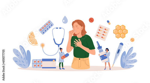 Sick woman with flu and cold. Seasonal allergy, contagious respiratory illness. Influenza viruses, nasal disorder treatment. Doctor examining patient. Physician appointment. Rhinitis, sinusitis cure