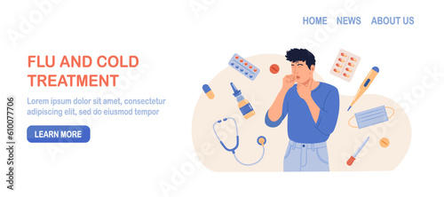 Man suffering from flu. He has fever, cough and sneezing. Flu or cold, allergy symptom. Influenza, illness treatment. Person with influenza, runny nose, headache, fever, sore throat. Pharmacy therapy