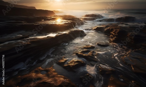  the sun is setting over the ocean with rocks in the foreground and waves in the water on the rocks in the foreground,. generative ai