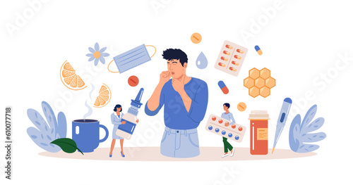 Character Sneezing and Coughing. Prevention against Virus and Infection.Young Man Having a Cold. Flu and Sickness Concept. Doctors Treat Patient with Pills, Capsules. Influenza Treatment