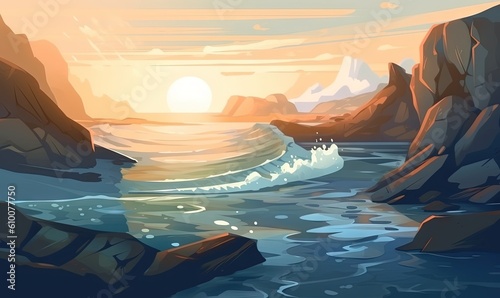  a painting of a sunset over a body of water with mountains in the background and a wave coming in from the water, with a person standing on the edge of the water. generative ai