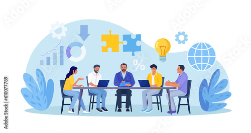 Business people thinking and solving problem. Brainstorming, research and development. Creative team working on project strategy. Teamwork, cooperation, partnership. Business future planning analysis