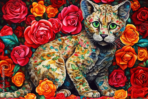 Young cat among red roses in psychedelic style