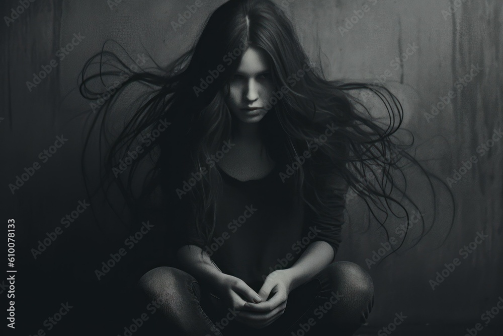 Obraz premium illustration girl in depression dark mental health generative ai 